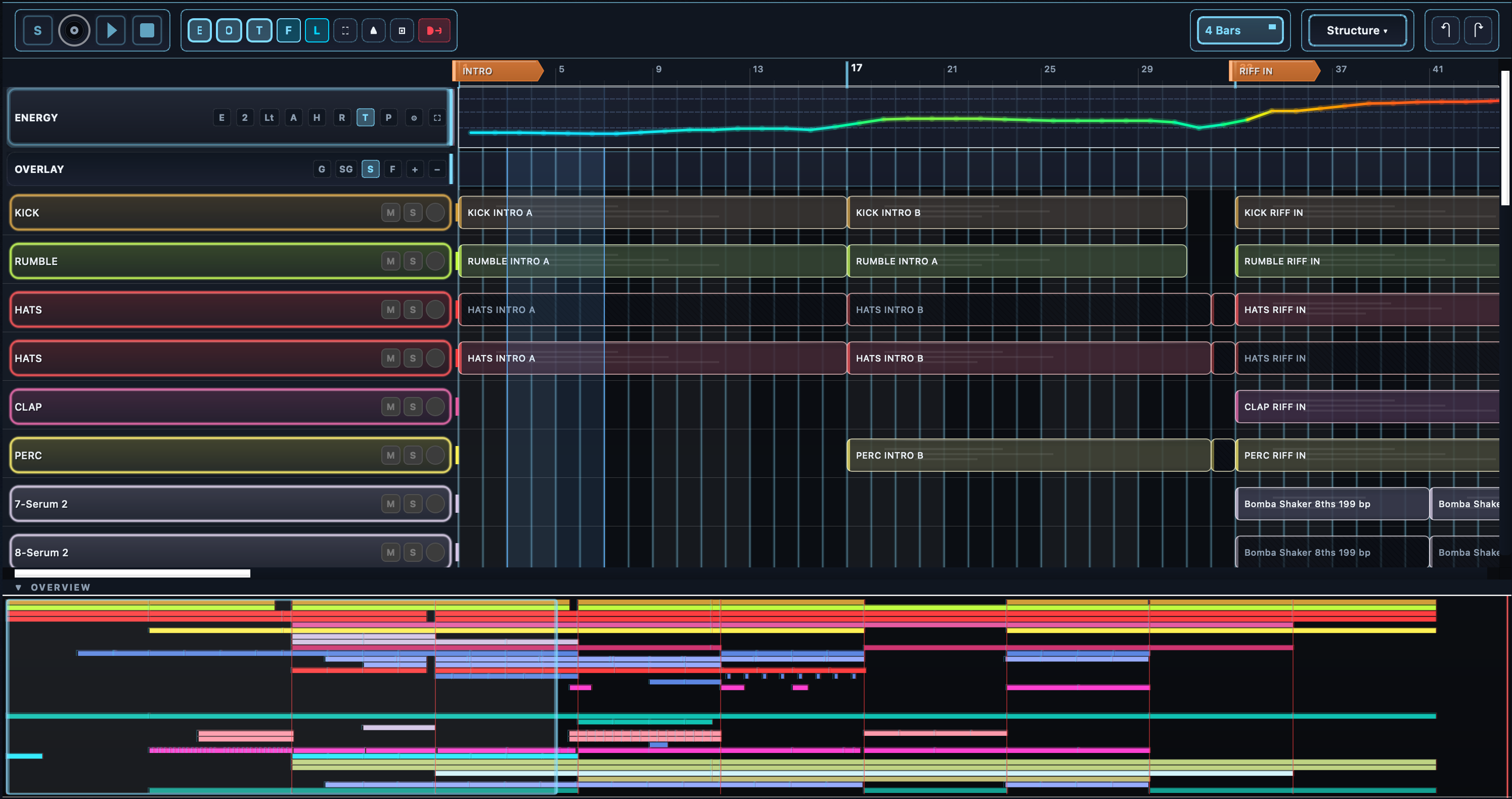 BOX arrangement view showing session timeline with tracks and overview